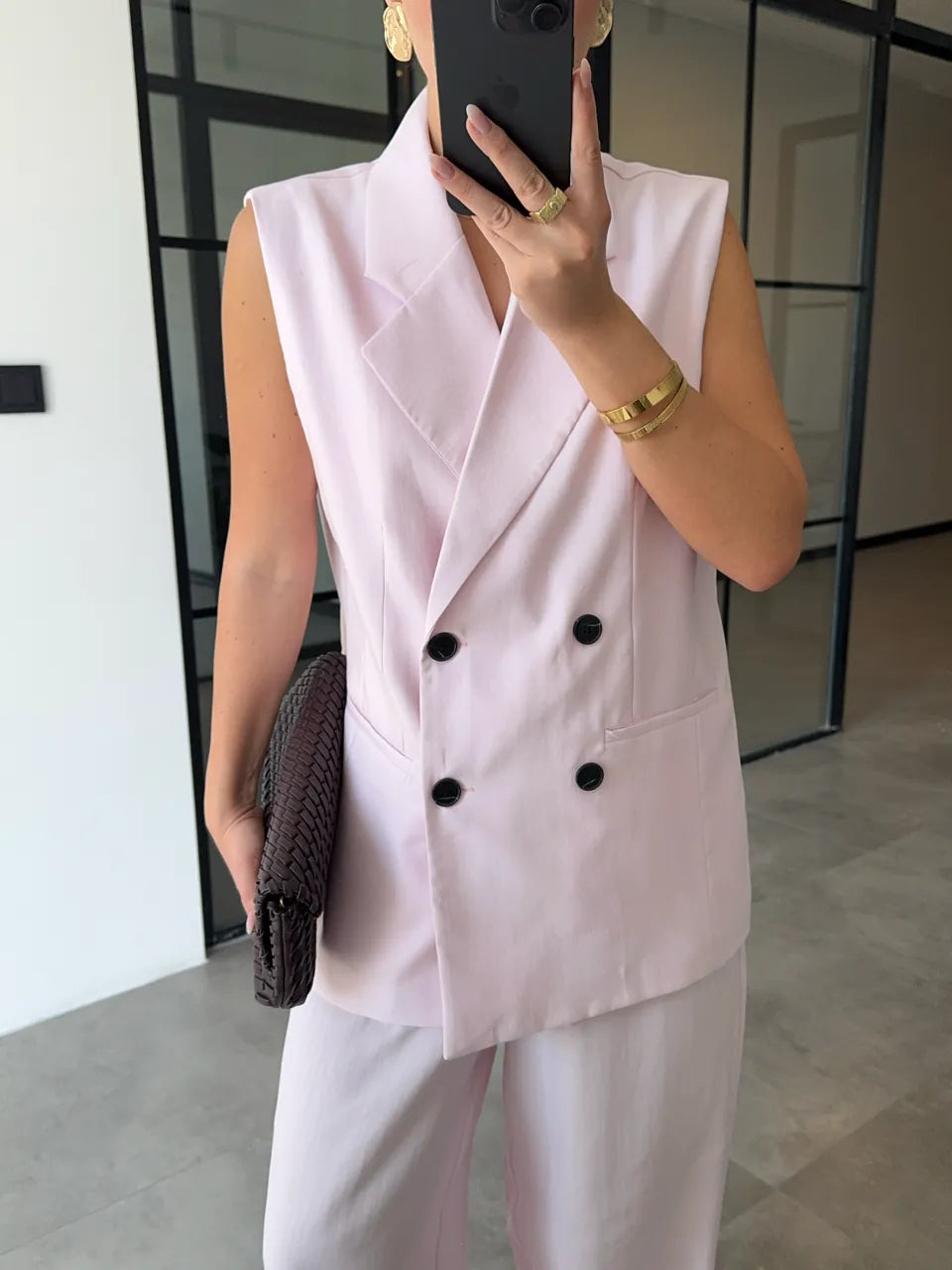 Button detailed vest pants set