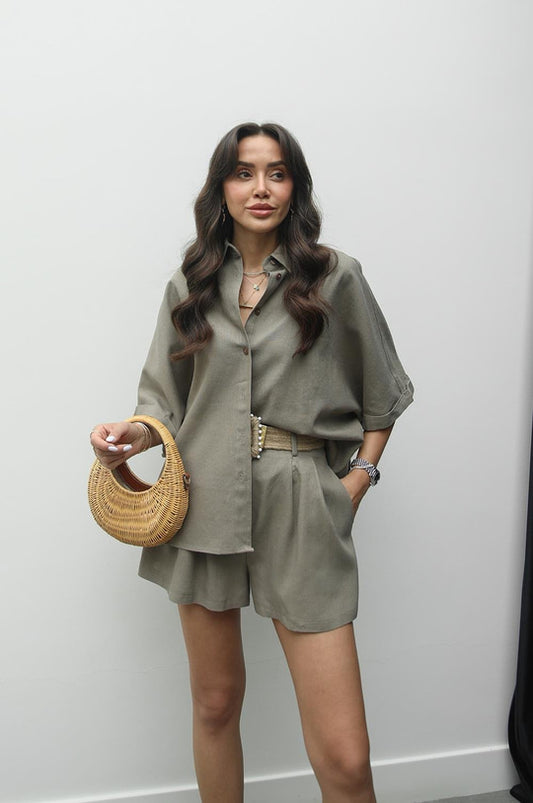Belted shorts shirt linen set
