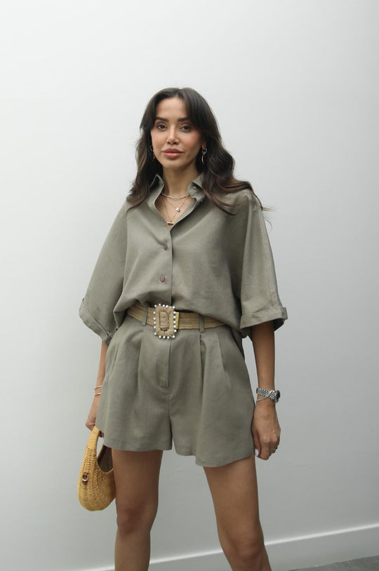 Belted shorts shirt linen set