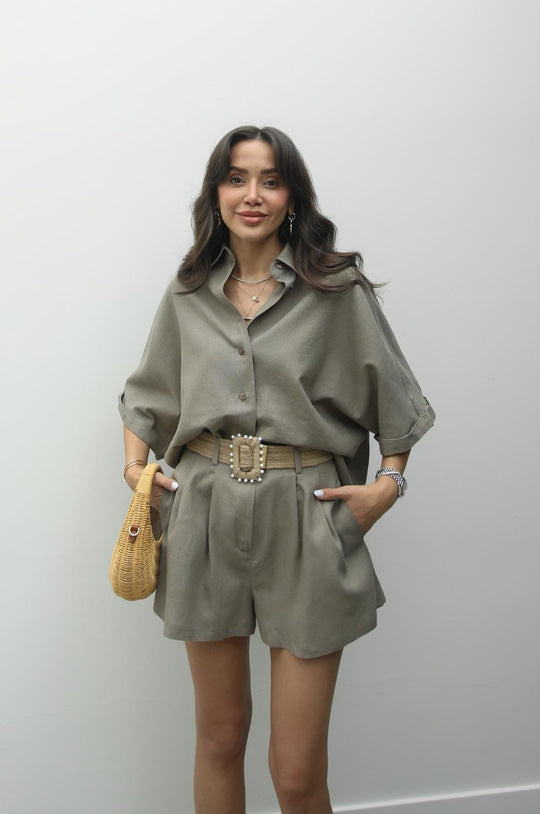 Belted shorts shirt linen set