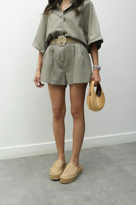 Belted shorts shirt linen set