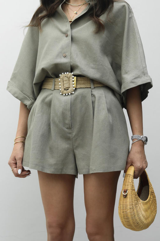 Belted shorts shirt linen set
