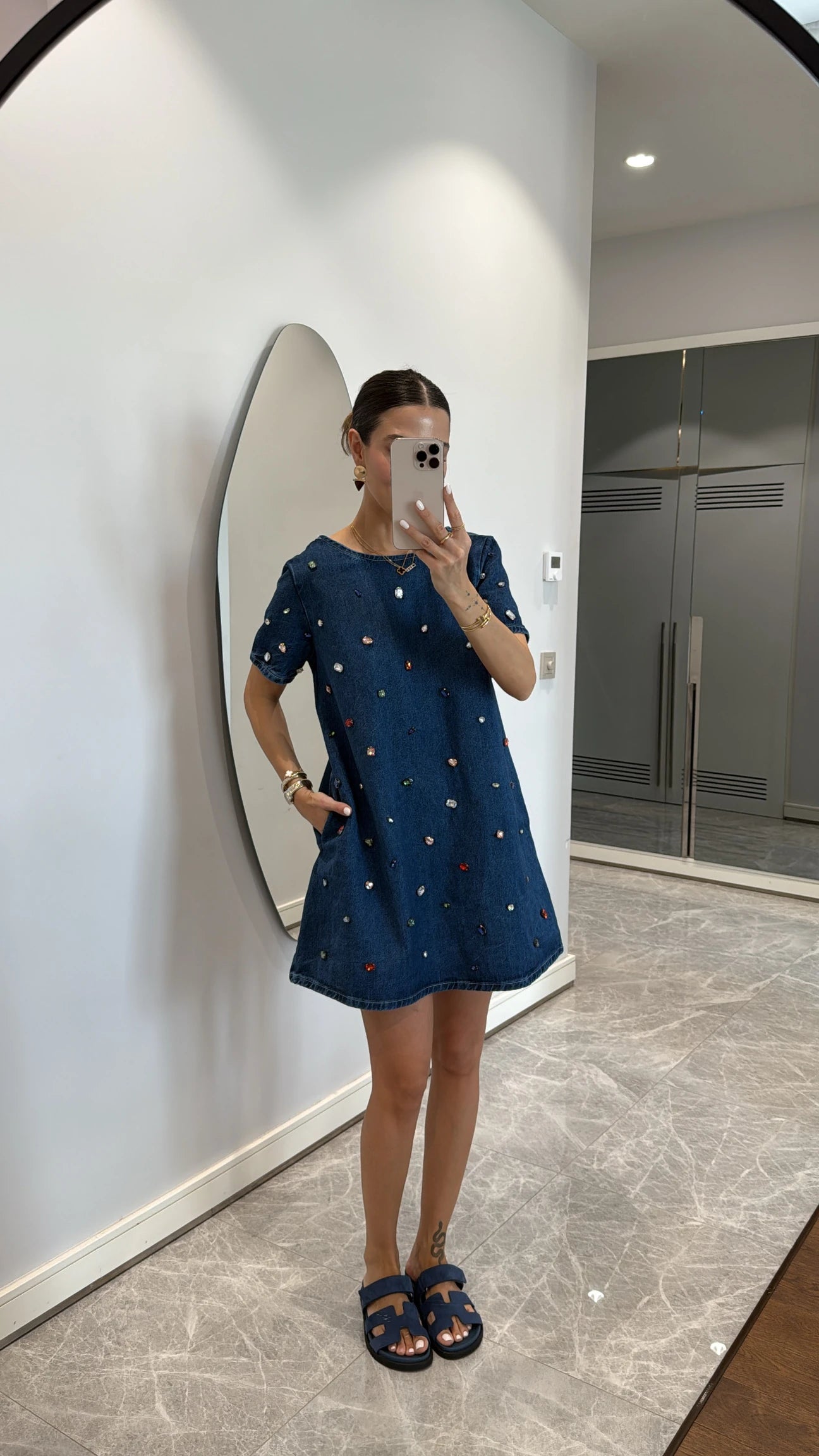 Stone detailed denim mini dress