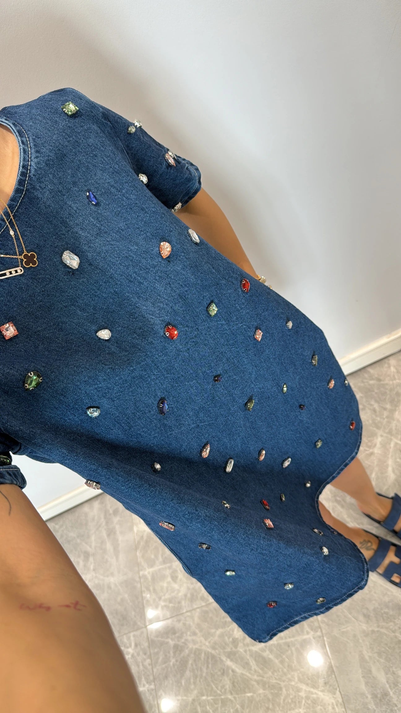 Stone detailed denim mini dress