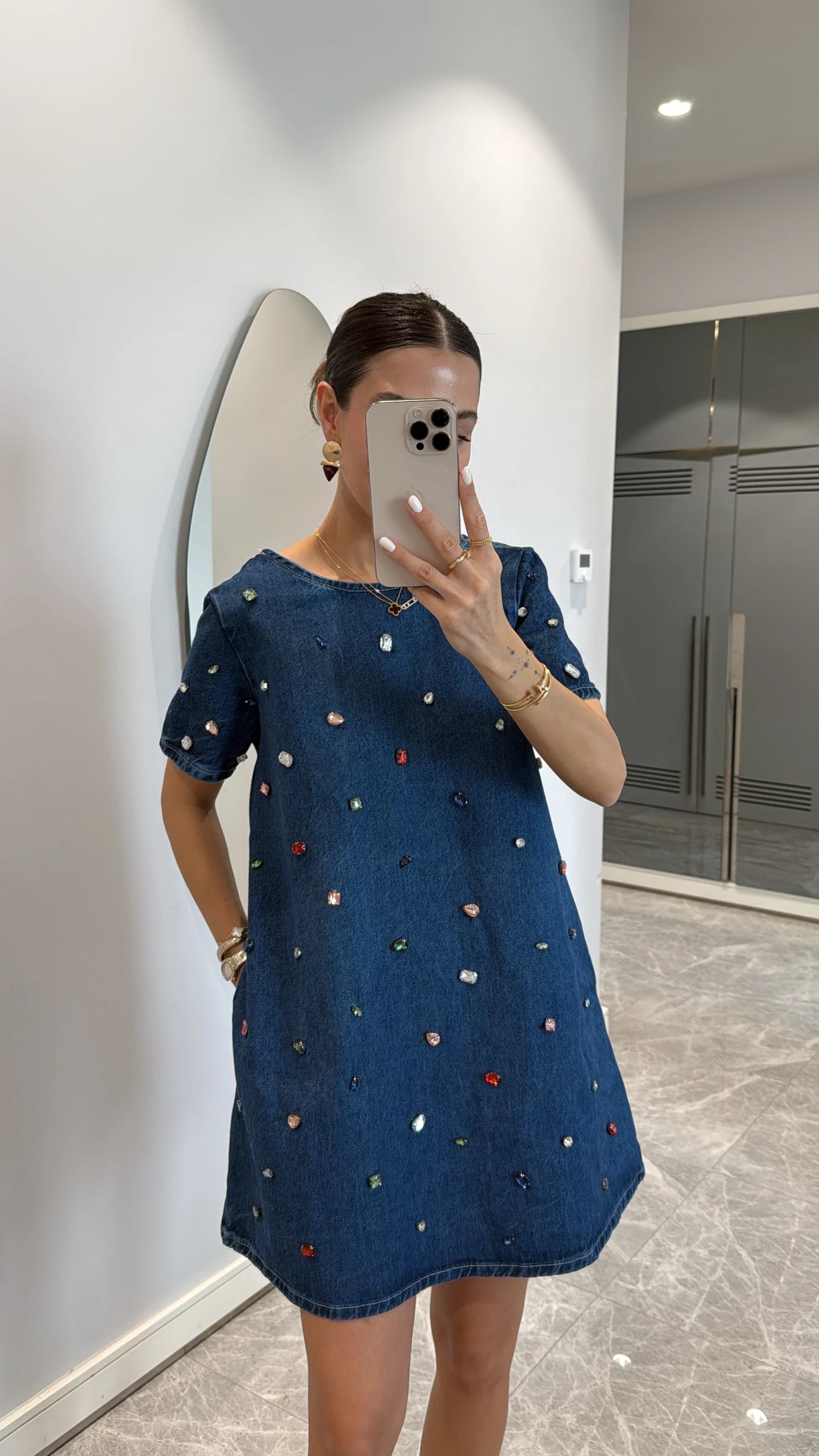 Stone detailed denim mini dress