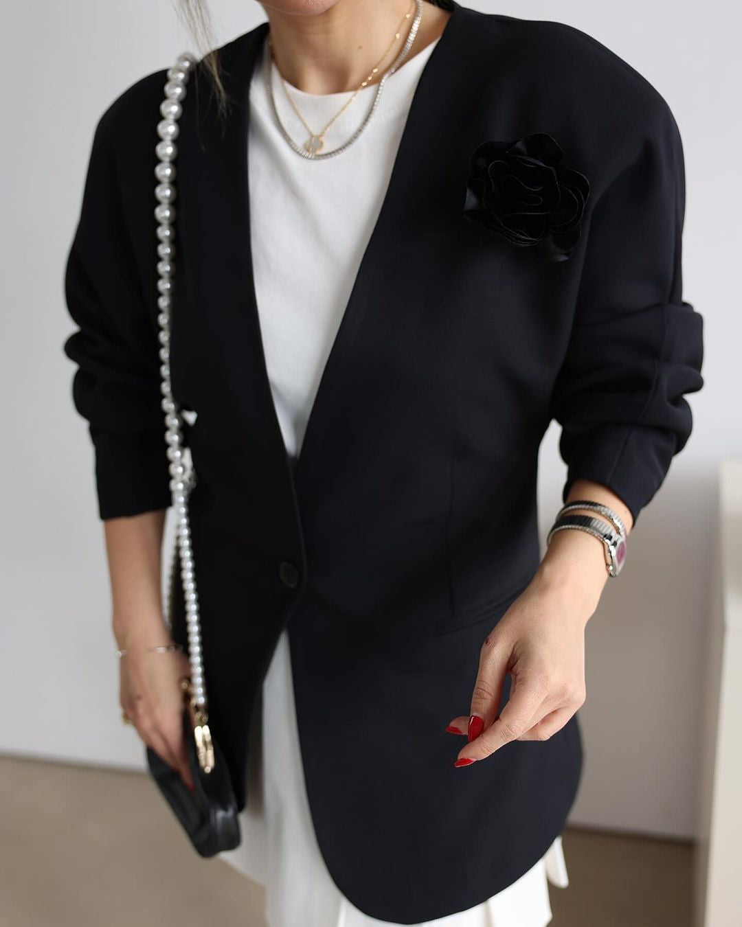 Single Button Blazer Jacket with Rose Brooch