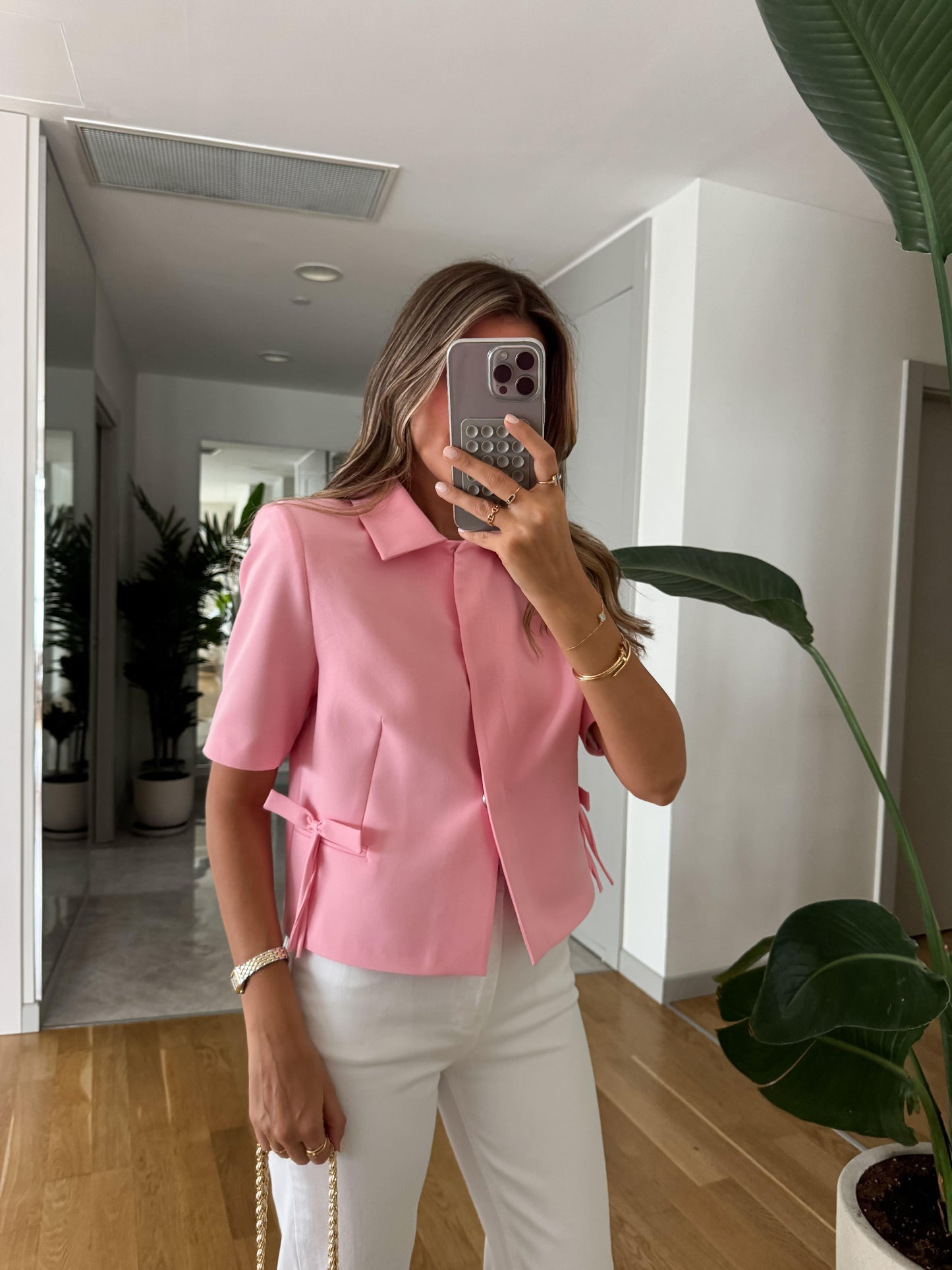 Short sleeve bow detail jacket