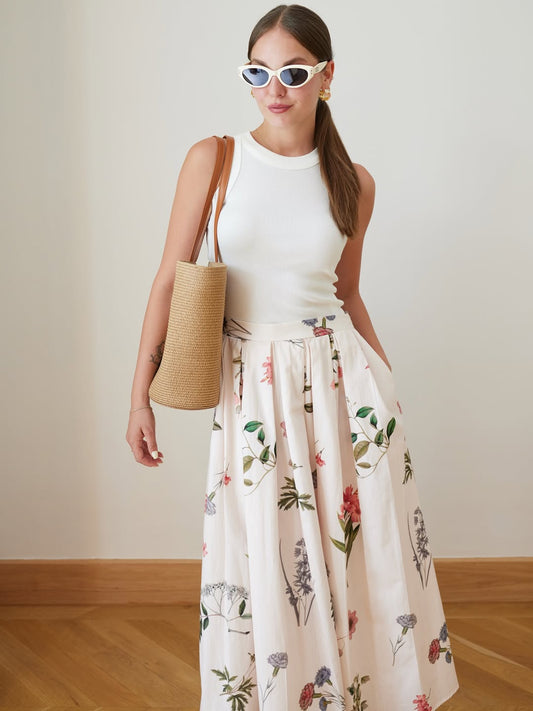 Cream elastic waist floral pattern pleated skirt