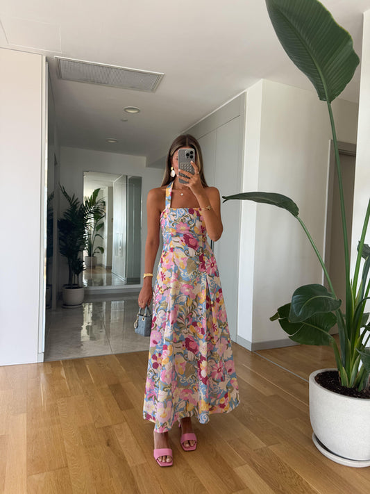 Floral pattern linen textured dress