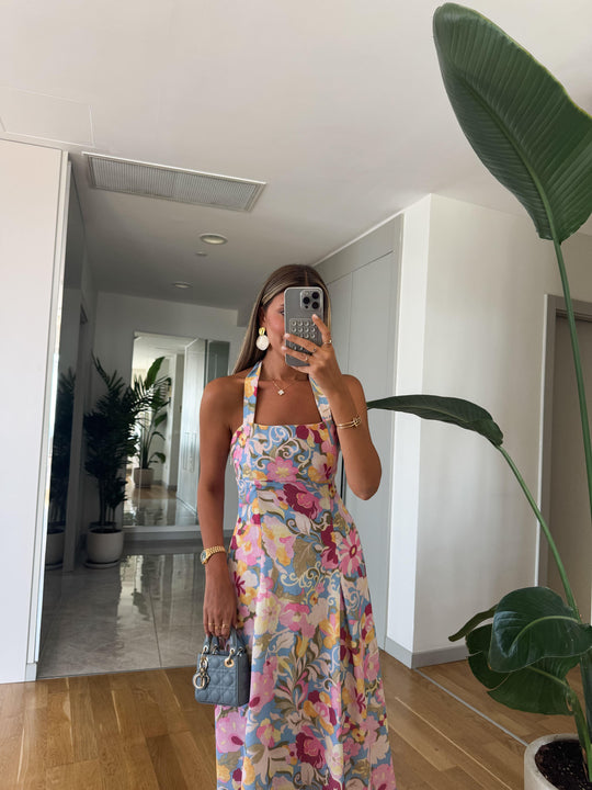 Floral pattern linen textured dress