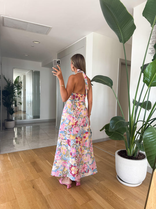 Floral pattern linen textured dress
