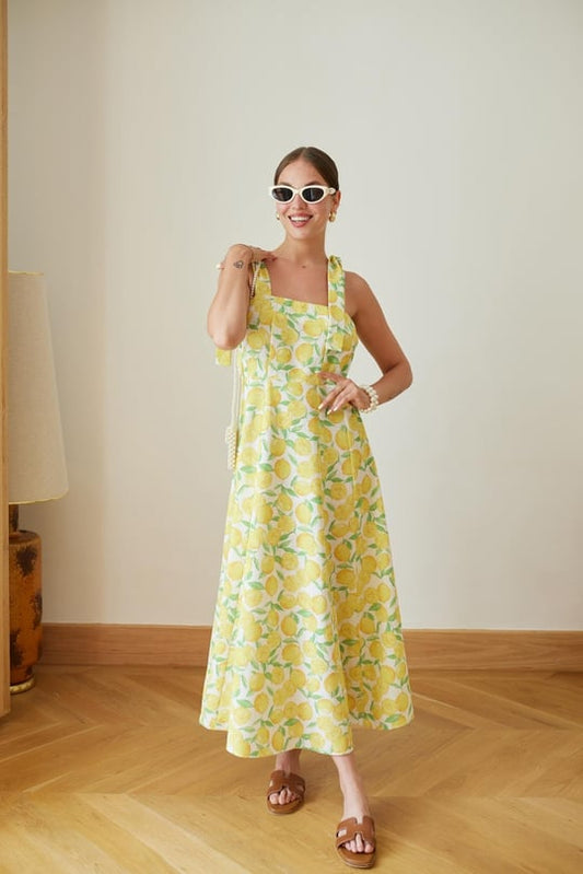 Yellow tie detailed lemon patterned linen dress