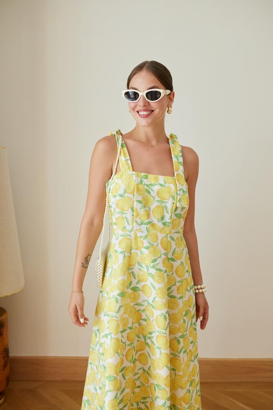 Yellow tie detailed lemon patterned linen dress
