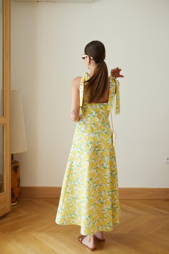 Yellow tie detailed lemon patterned linen dress