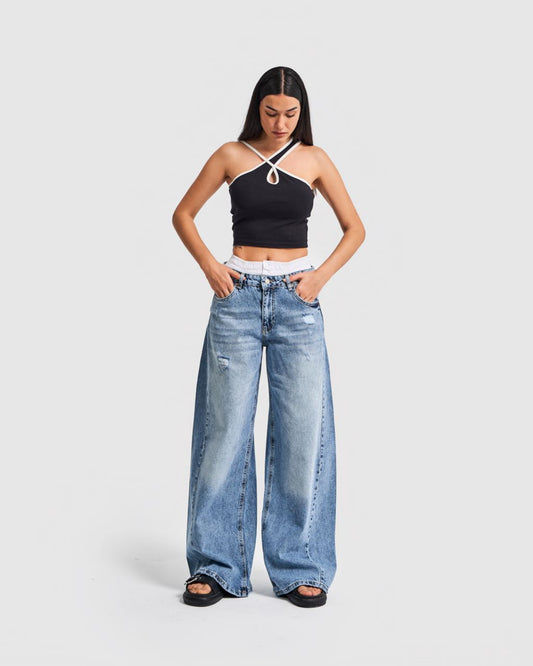 Blue Boxer Waist Wide Leg Jeans