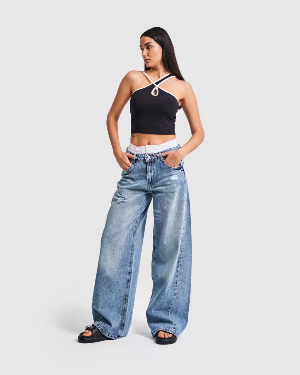 Blue Boxer Waist Wide Leg Jeans