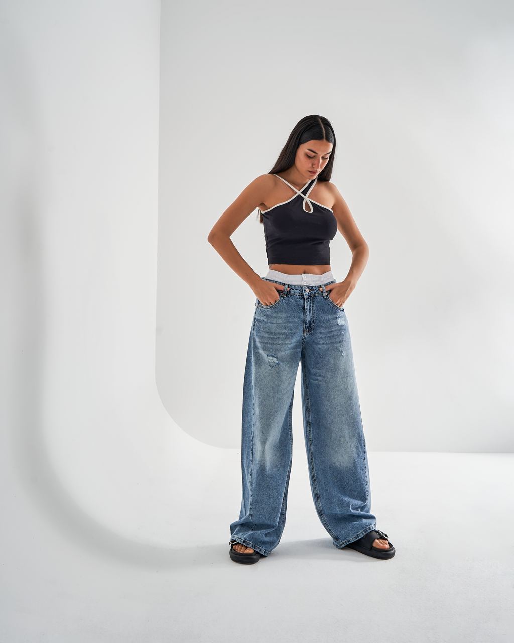 Blue Boxer Waist Wide Leg Jeans