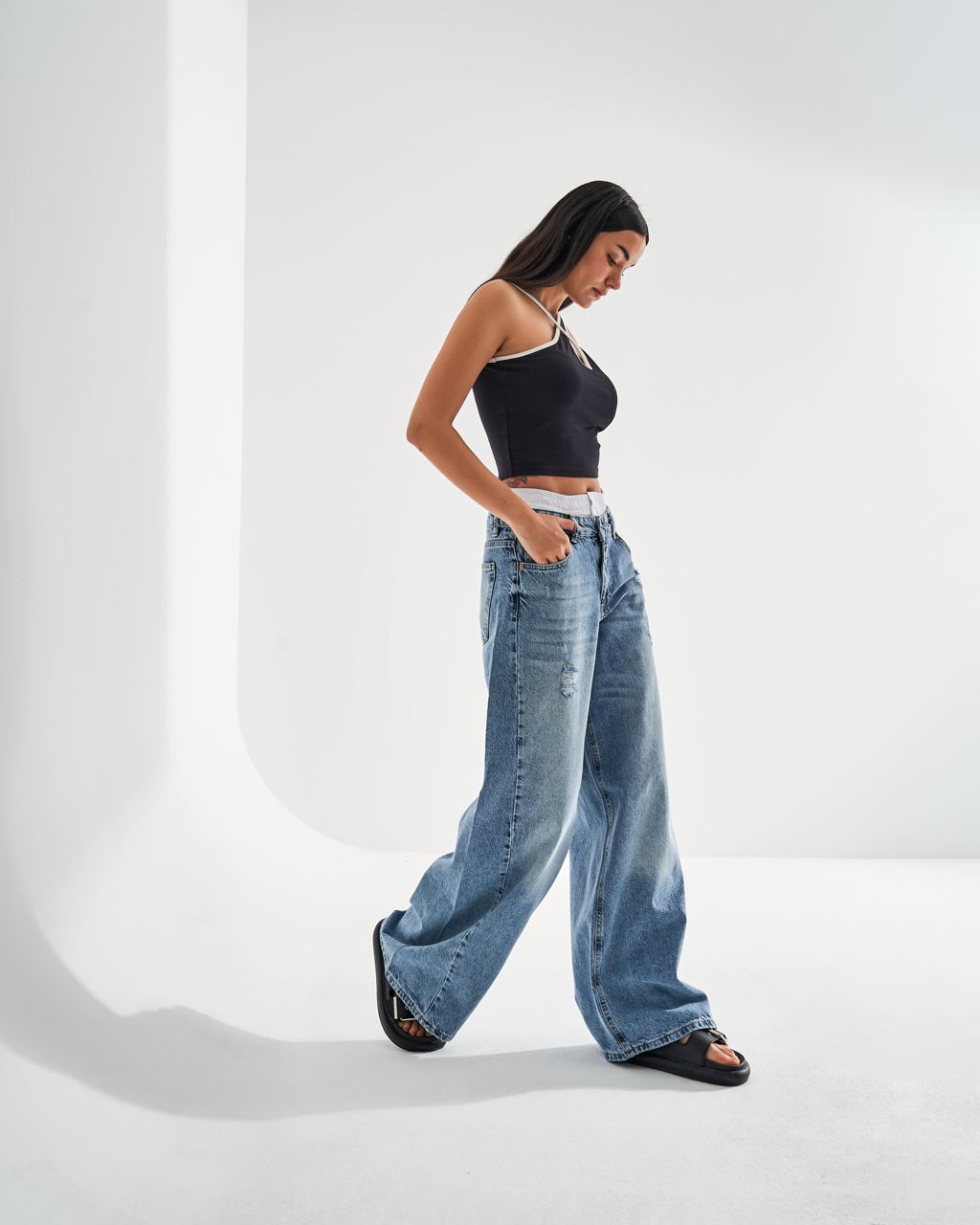 Blue Boxer Waist Wide Leg Jeans