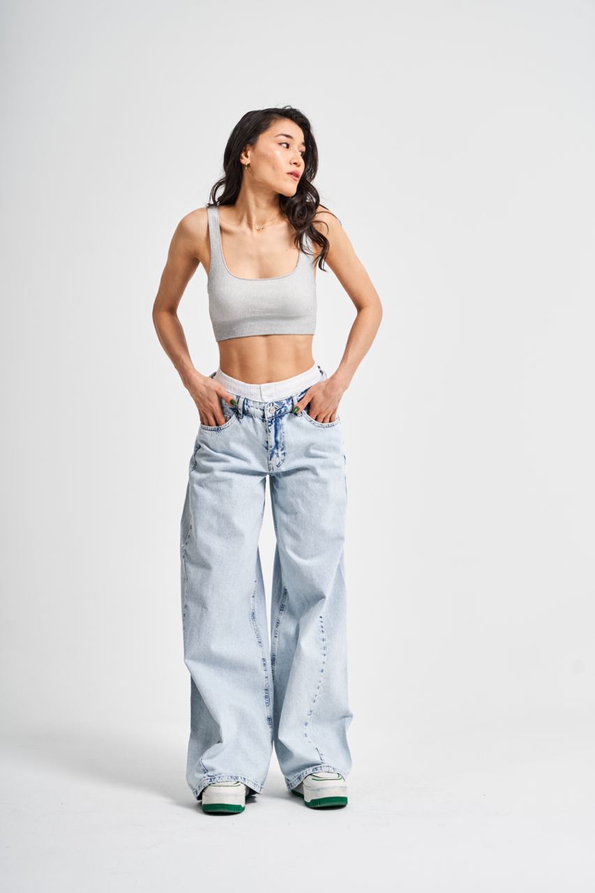 Blue Boxer Waist Wide Leg Jeans