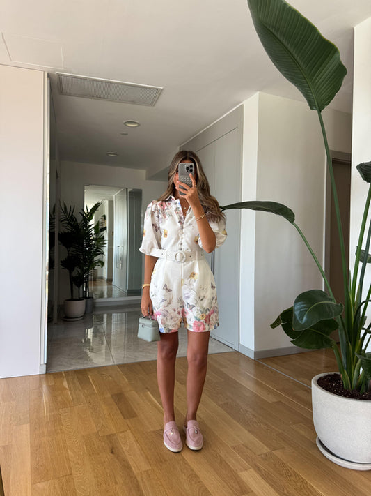 Belted floral romper