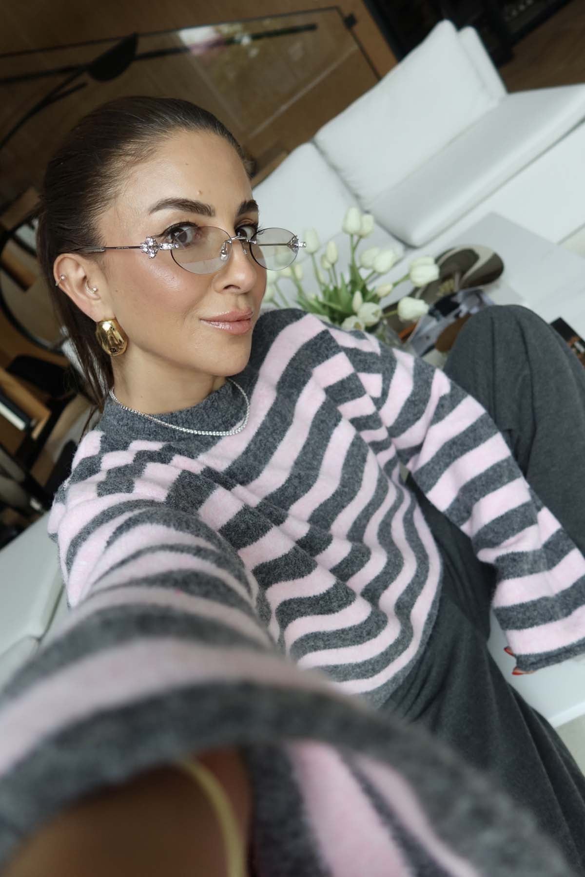 Pink and gray horizontal-striped knit sweater