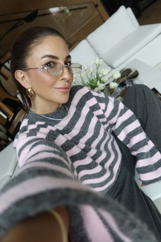 Pink and gray horizontal-striped knit sweater
