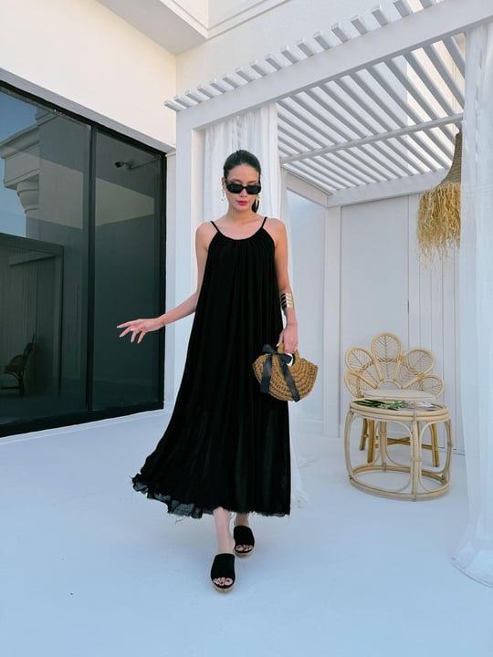 Black lined thin strapped linen dress