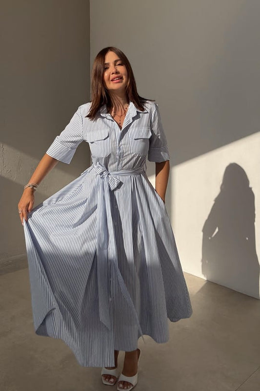 Blue striped long shirt dress