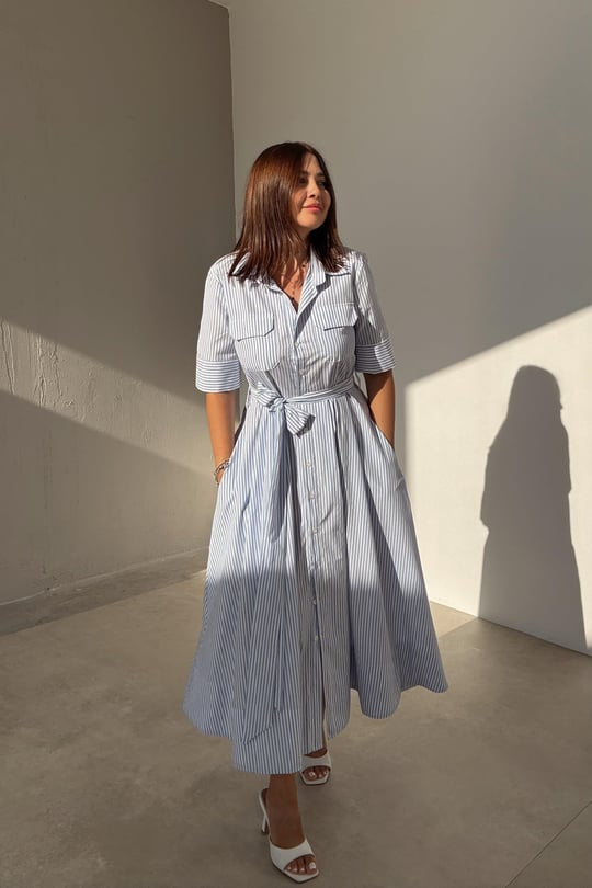 Blue striped long shirt dress