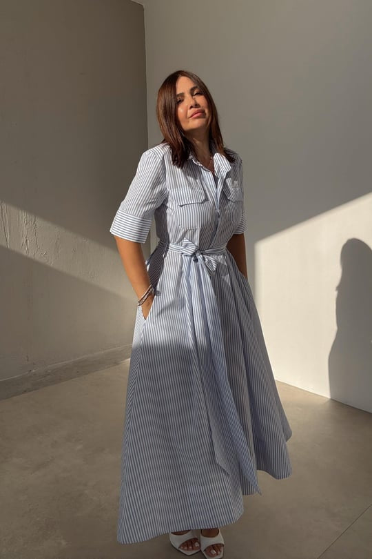 Blue striped long shirt dress