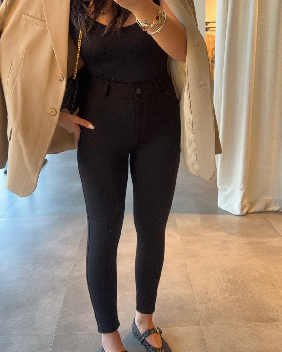 high-waisted, form-fitting stretch pants