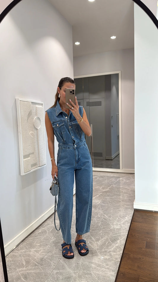 Blue denim overalls