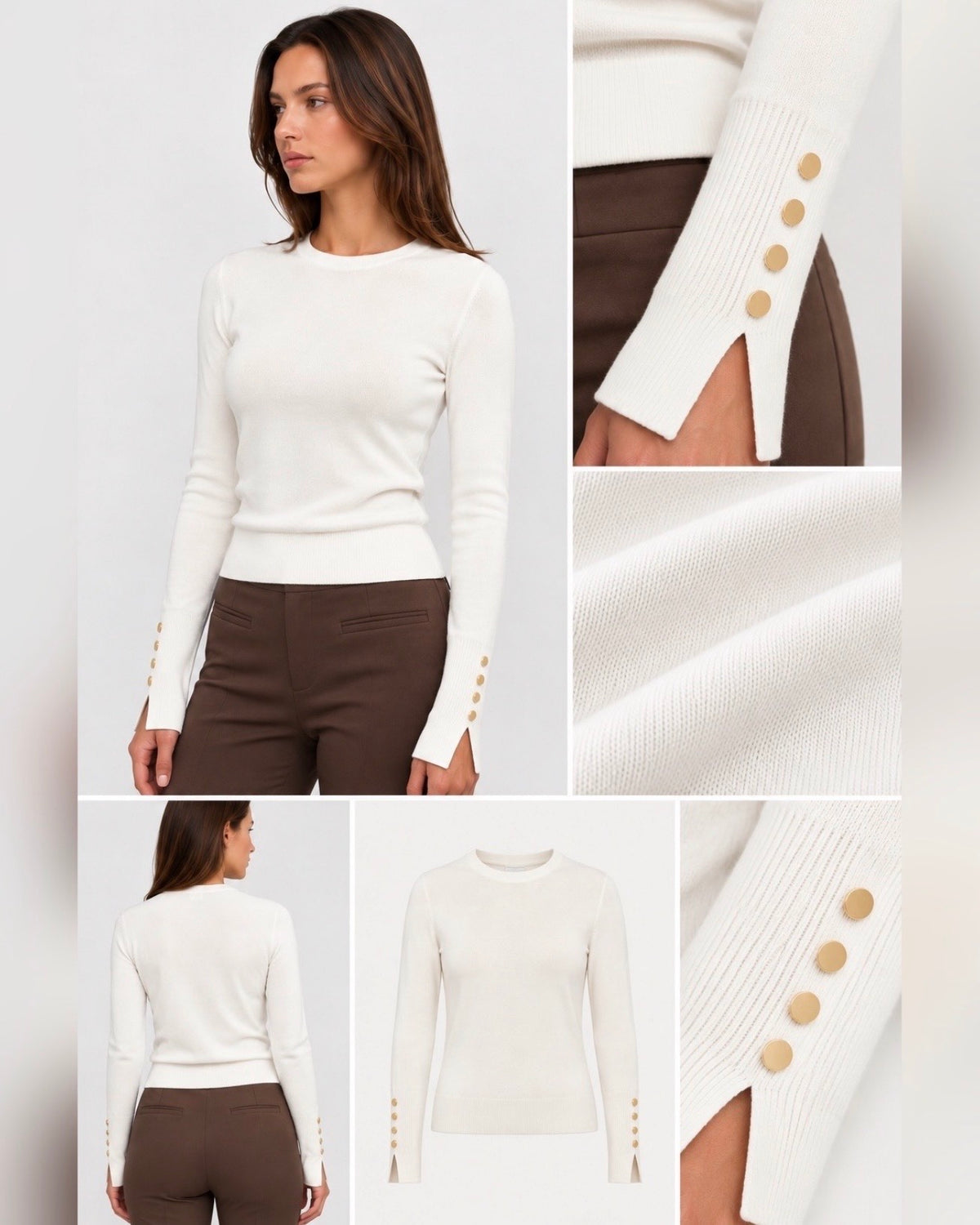 Crew-neck fine-knit sweater featuring decorative gold-tone buttons along the split cuffs