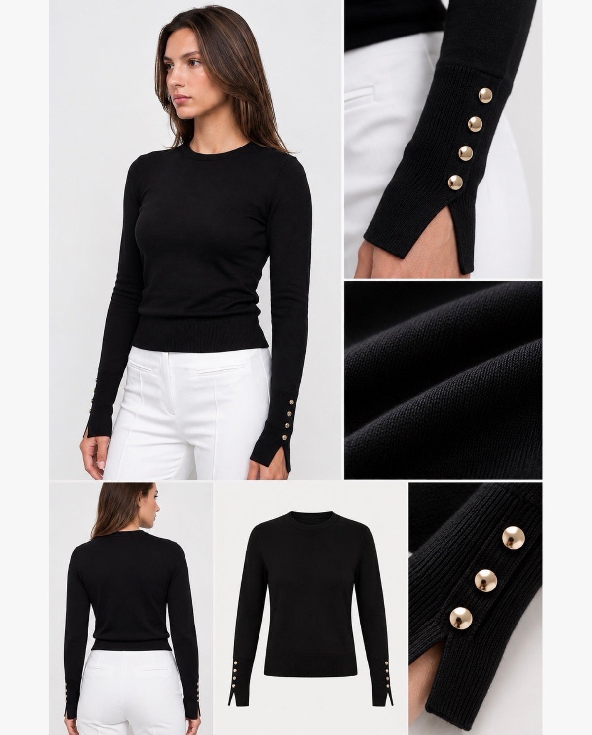 Crew-neck fine-knit sweater featuring decorative gold-tone buttons along the split cuffs