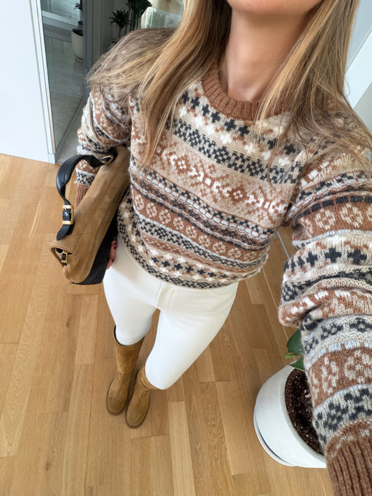 Brown Fairisle Pattern Crew Neck Jumper