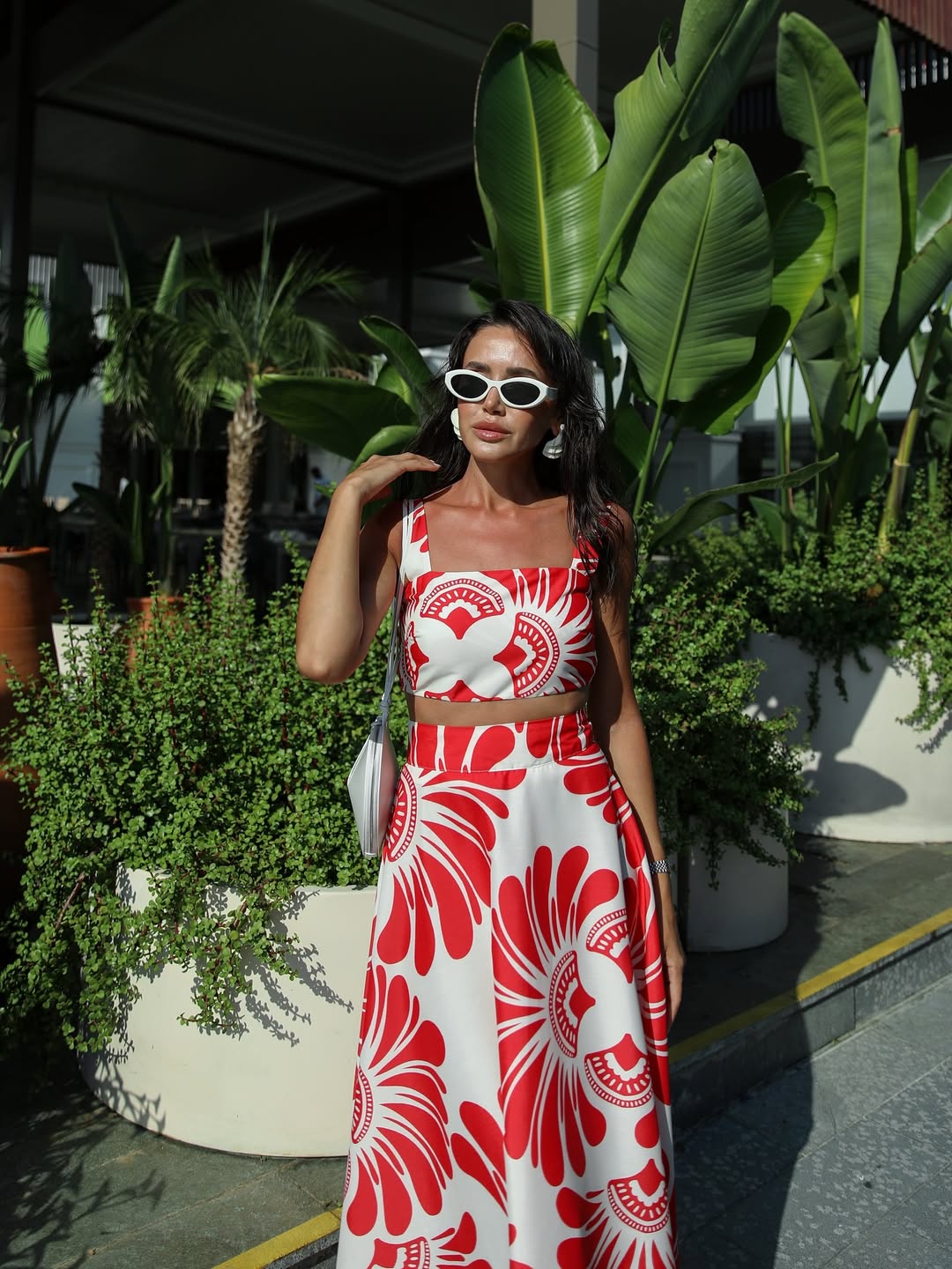 Red patterned crop blouse skirt set
