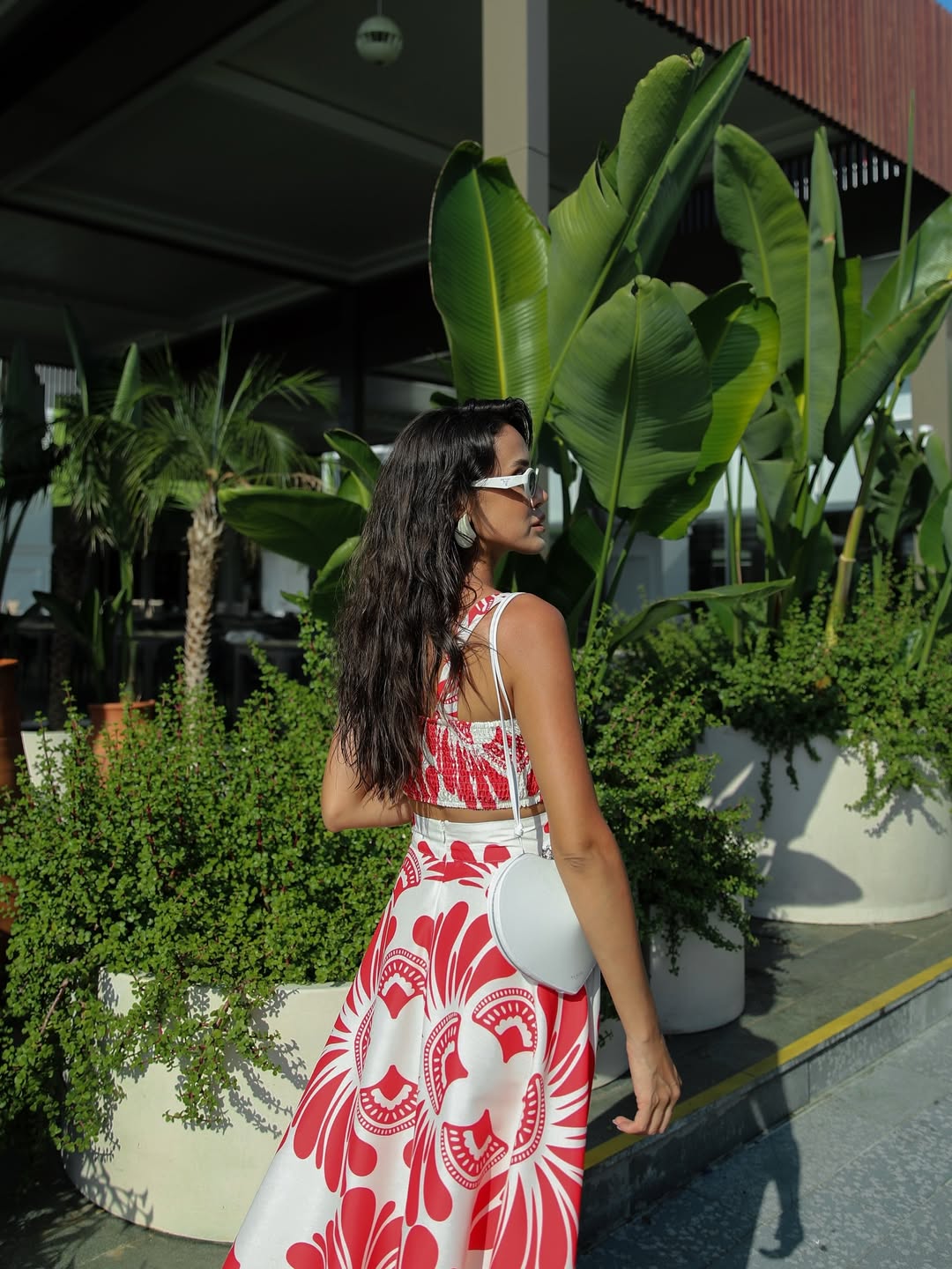 Red patterned crop blouse skirt set