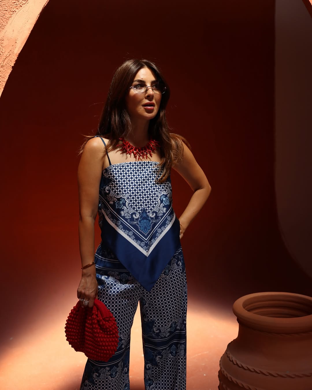 Patterned blouse and trouser set