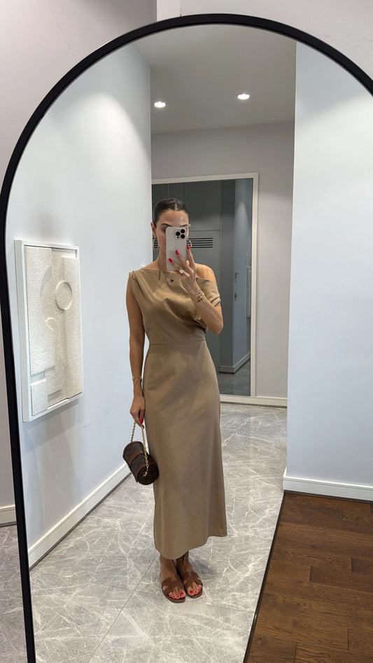 Asymmetric collar linen midi dress