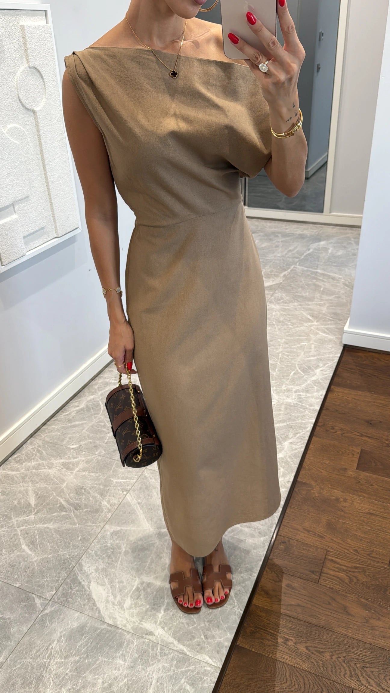 Asymmetric collar linen midi dress