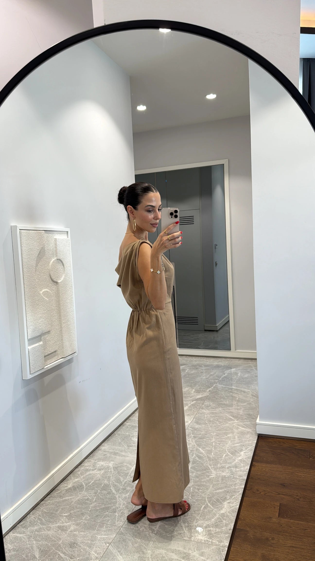 Asymmetric collar linen midi dress