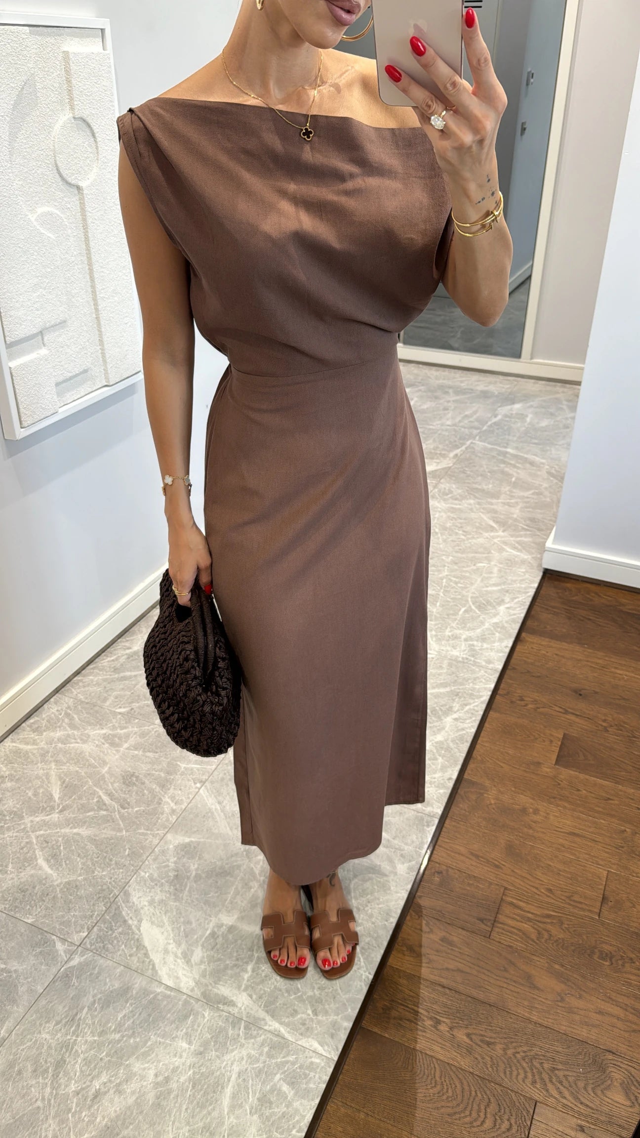 Asymmetric collar linen midi dress