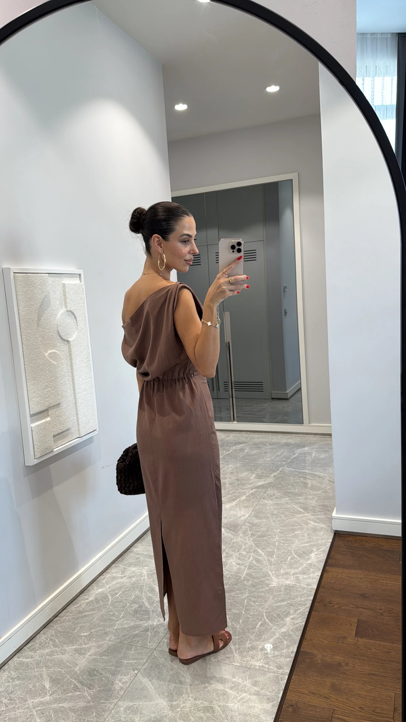 Asymmetric collar linen midi dress