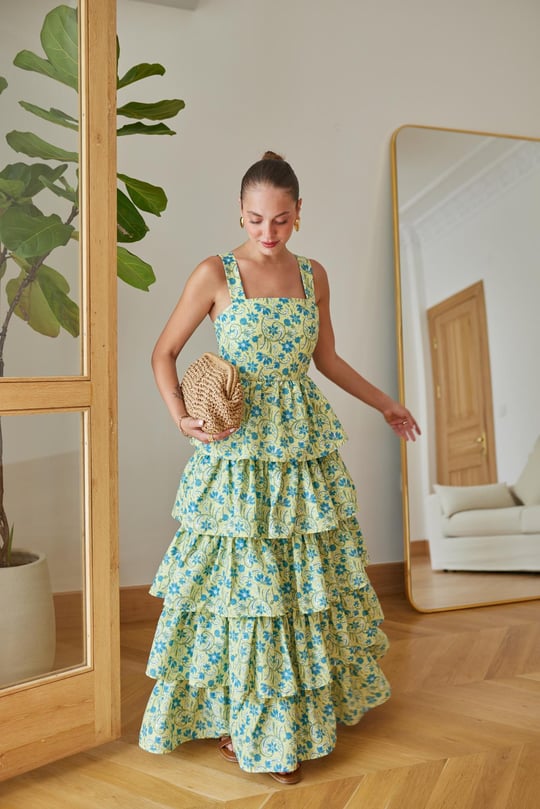 Green thick strap layered design dress