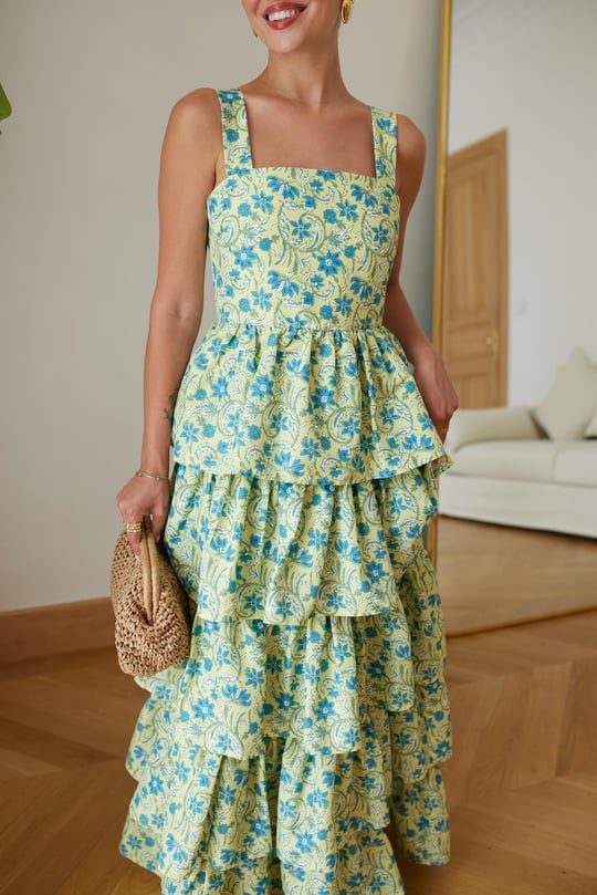 Green thick strap layered design dress