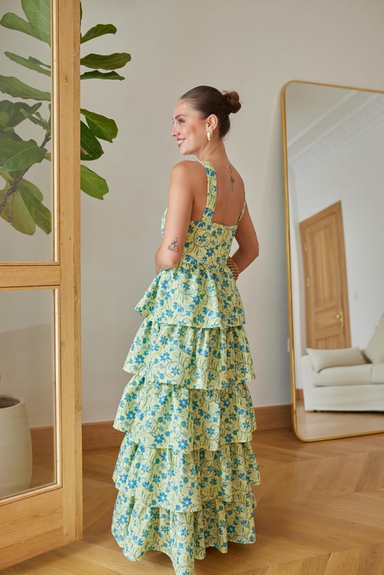 Green thick strap layered design dress