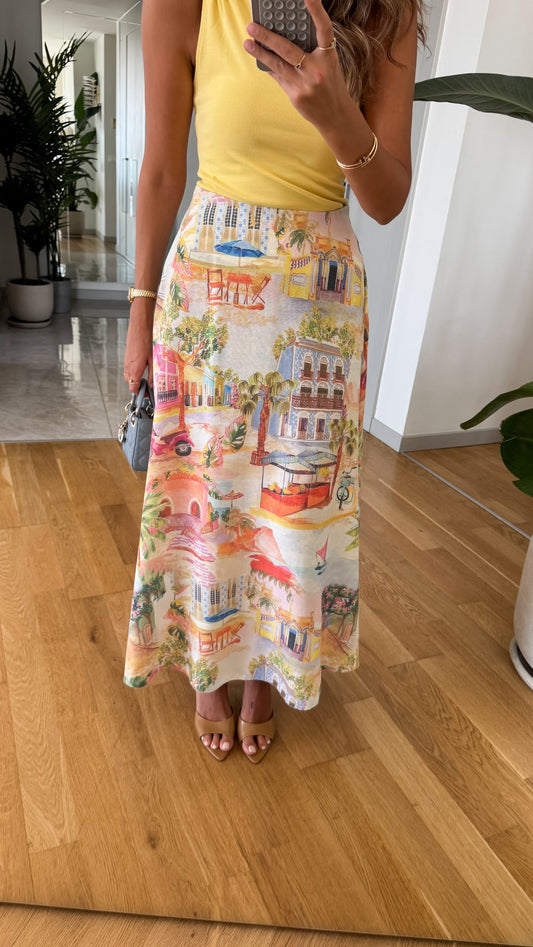 Stone waist zippered patterned design linen skirt