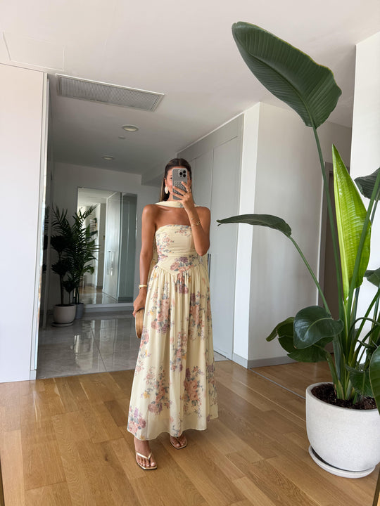 yellow shawl accessorized floral chiffon dress