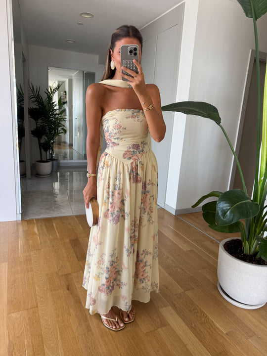 yellow shawl accessorized floral chiffon dress