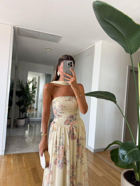 yellow shawl accessorized floral chiffon dress